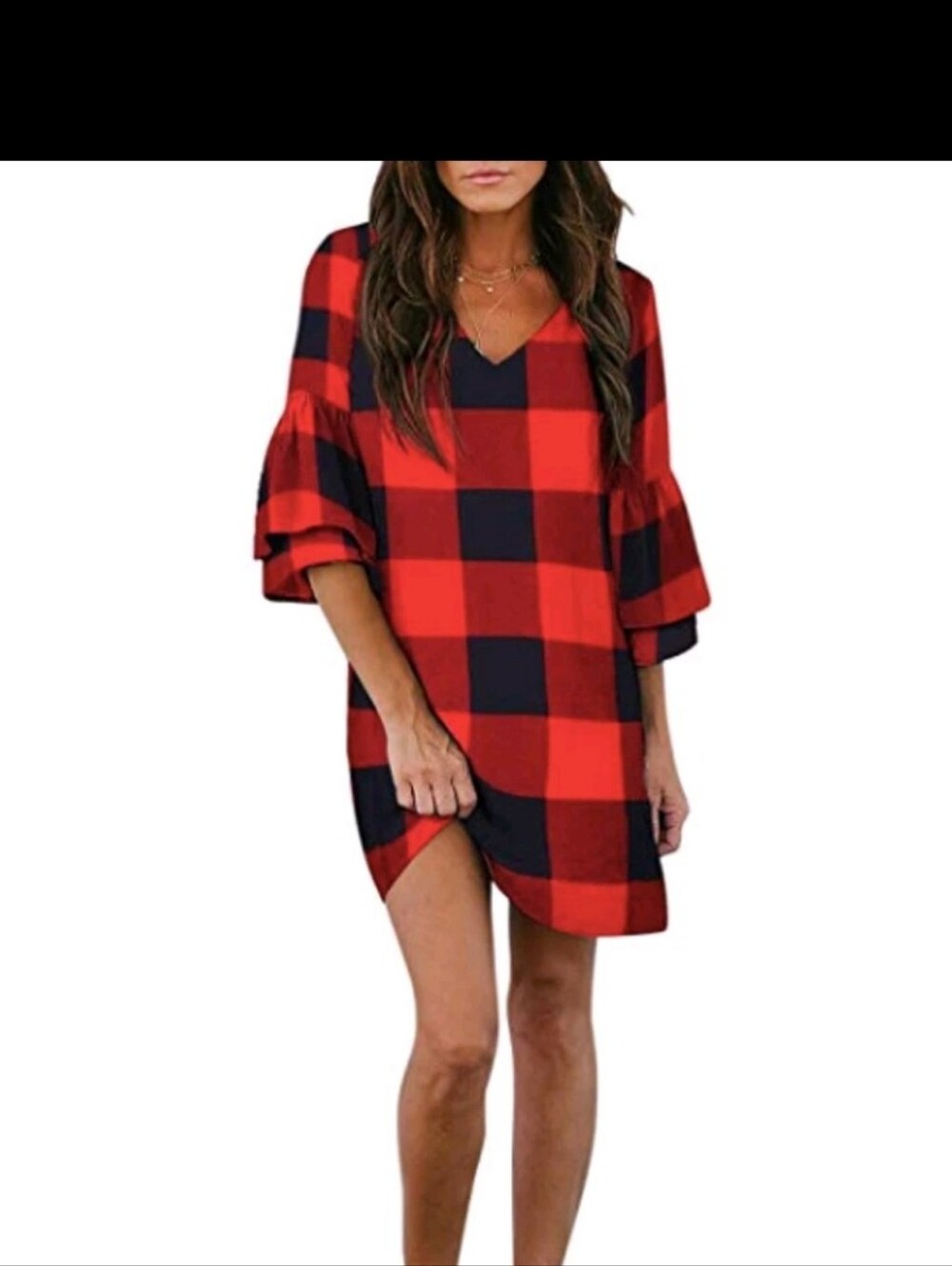 Belongsci Women's Dress Sweet & Cute V-Neck Bell Sleeve Shift Dress Mini Dress